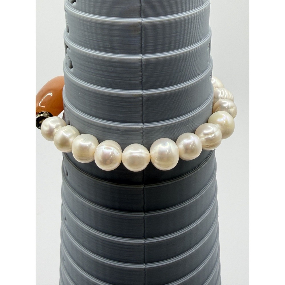 Genuine Pearl And Peach Quartz Stretch Bracelet with Rhinestone Spacer Beads - Picture 7 of 10